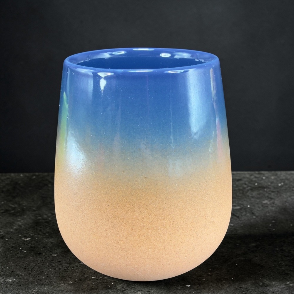 Earth Echo Ceramic Tumbler Ombre Blue Tan Stemless Coffee Mug‎ Tea Cup Pottery
